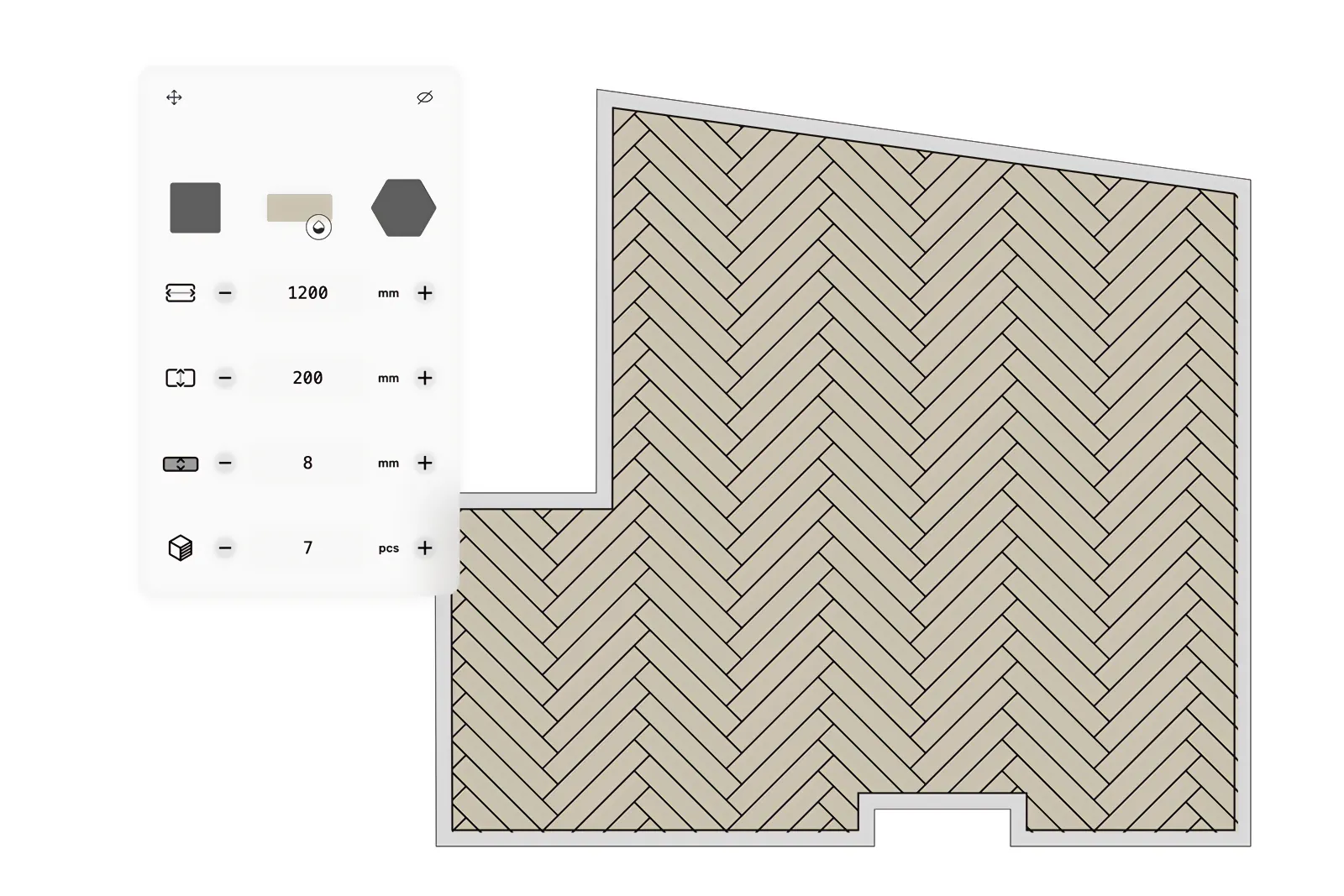 Layout preview showing an irregular room with visible perimeter cuts.