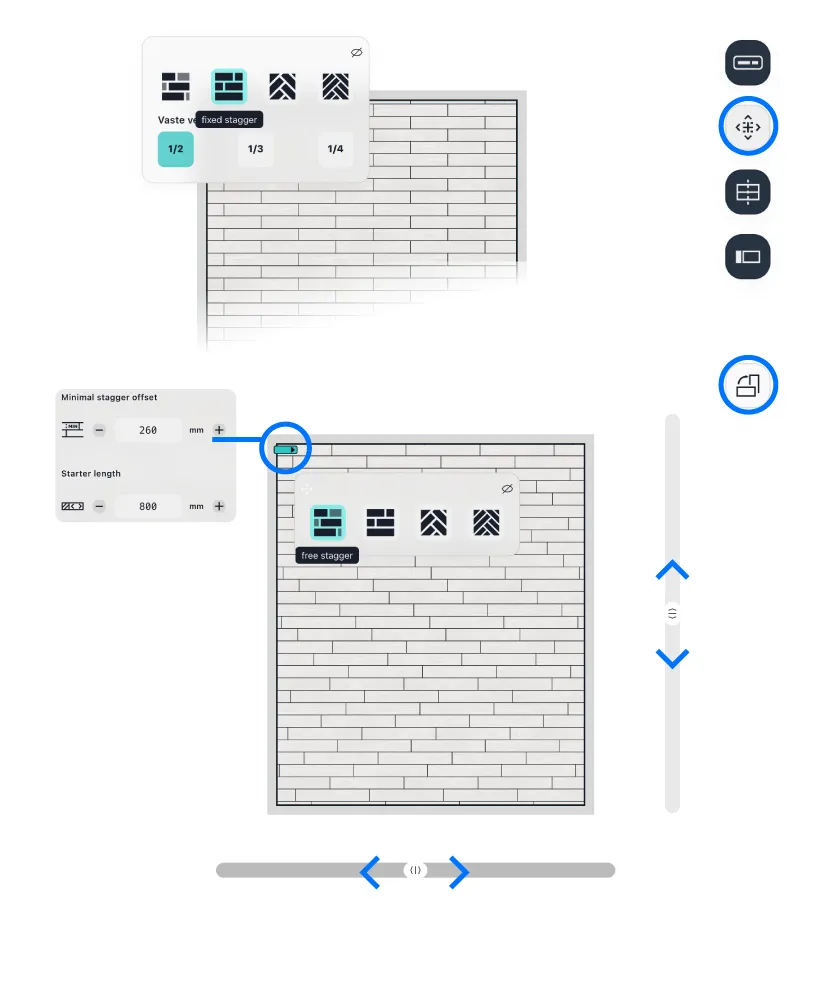 Pattern, direction, and offset affecting how the layout lands in the room.