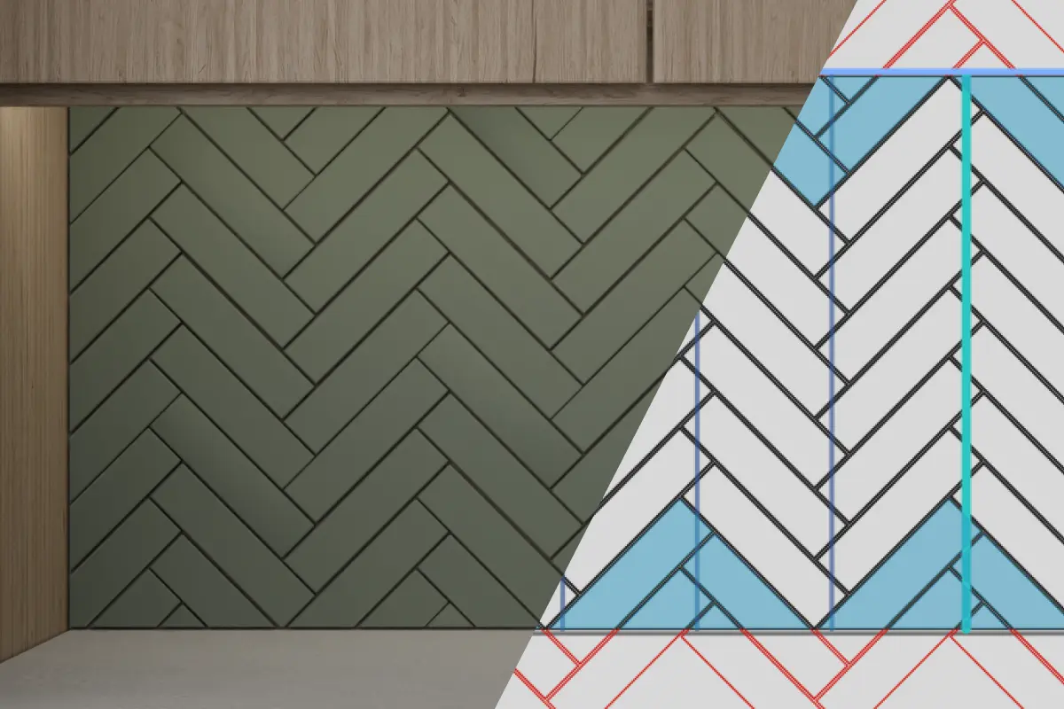 Tile layout showing tile counts, grout spacing and related quantities.