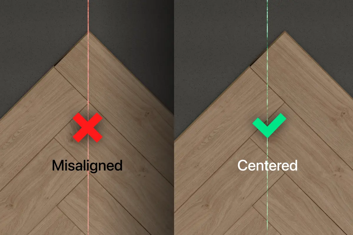 Comparison showing a misaligned herringbone layout versus a centered herringbone layout.