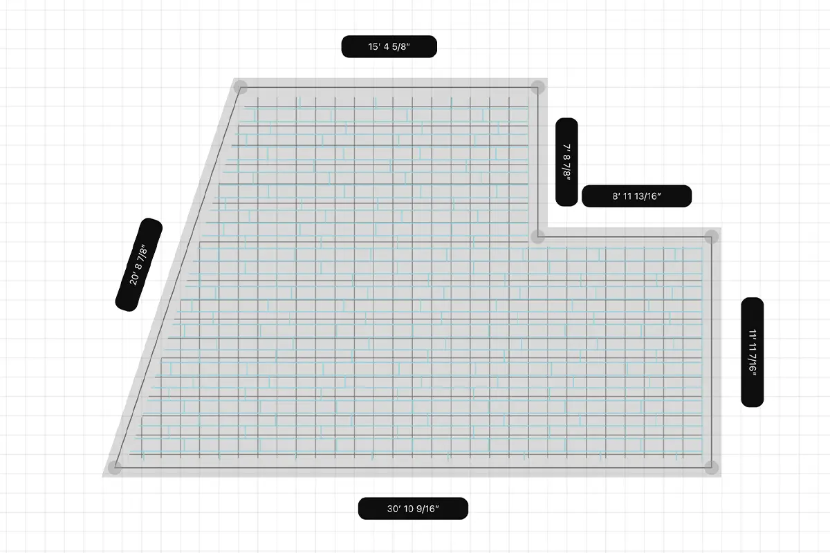 Flooring layout software showing an irregular room shape.