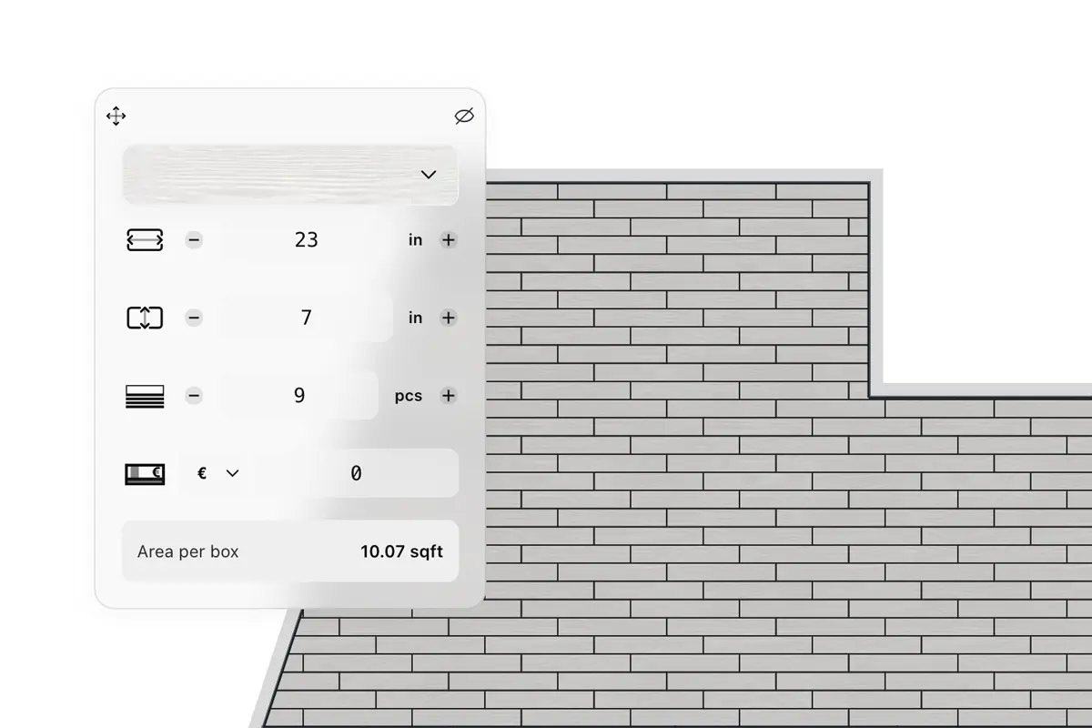 Flooring calculator showing plank or tile size, box coverage, and product input fields.