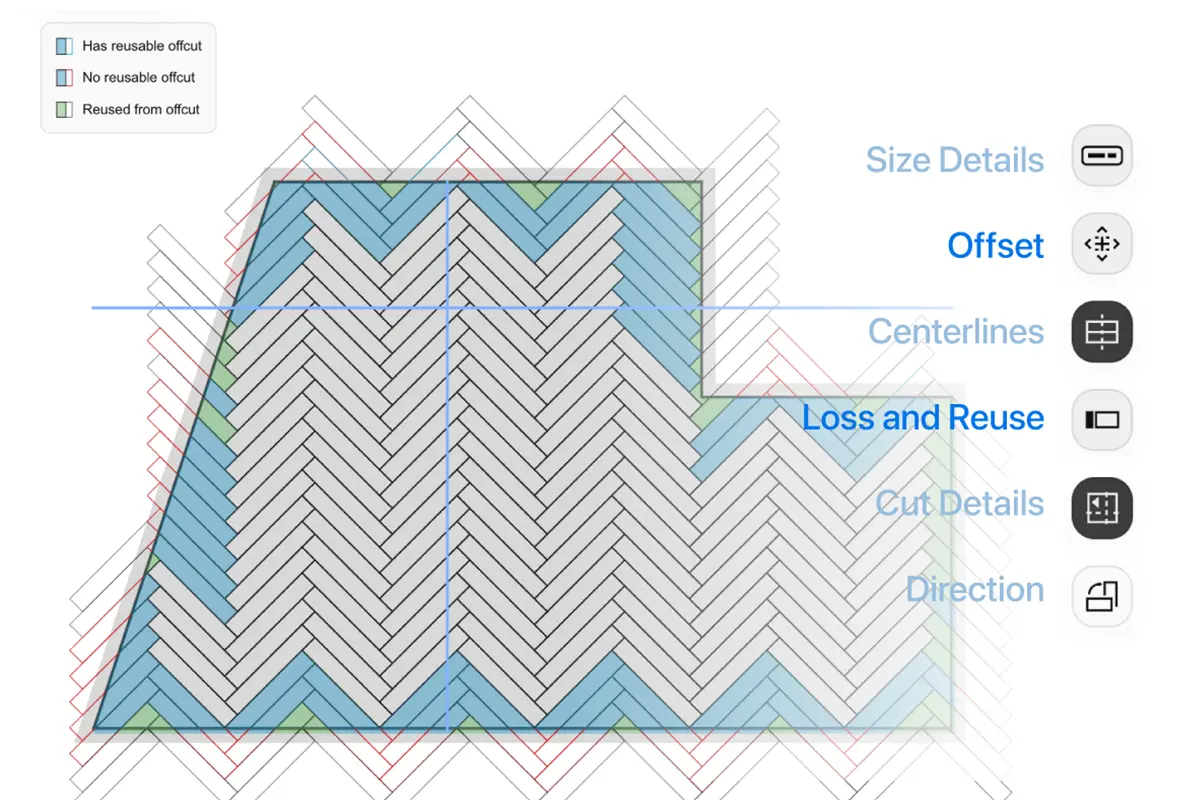 Flooring calculator pattern controls showing layout direction, stagger, and herringbone options.