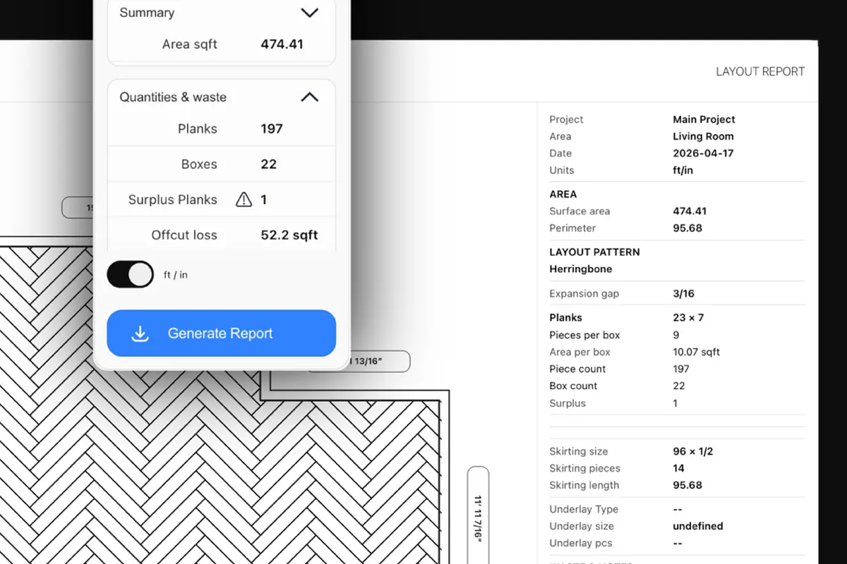 Flooring calculator results showing box counts, cuts, waste, surplus, and cost.