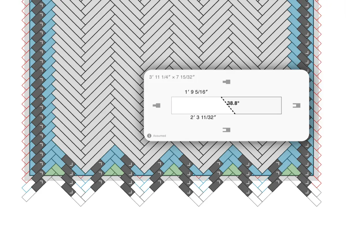 Live cut diagram showing measured plank cuts inside a herringbone layout.