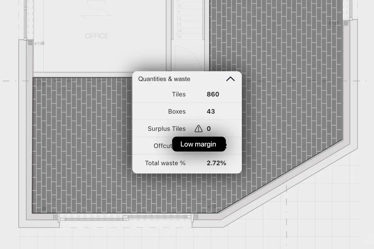 Live cut diagram showing measured tile cuts inside a tile layout.