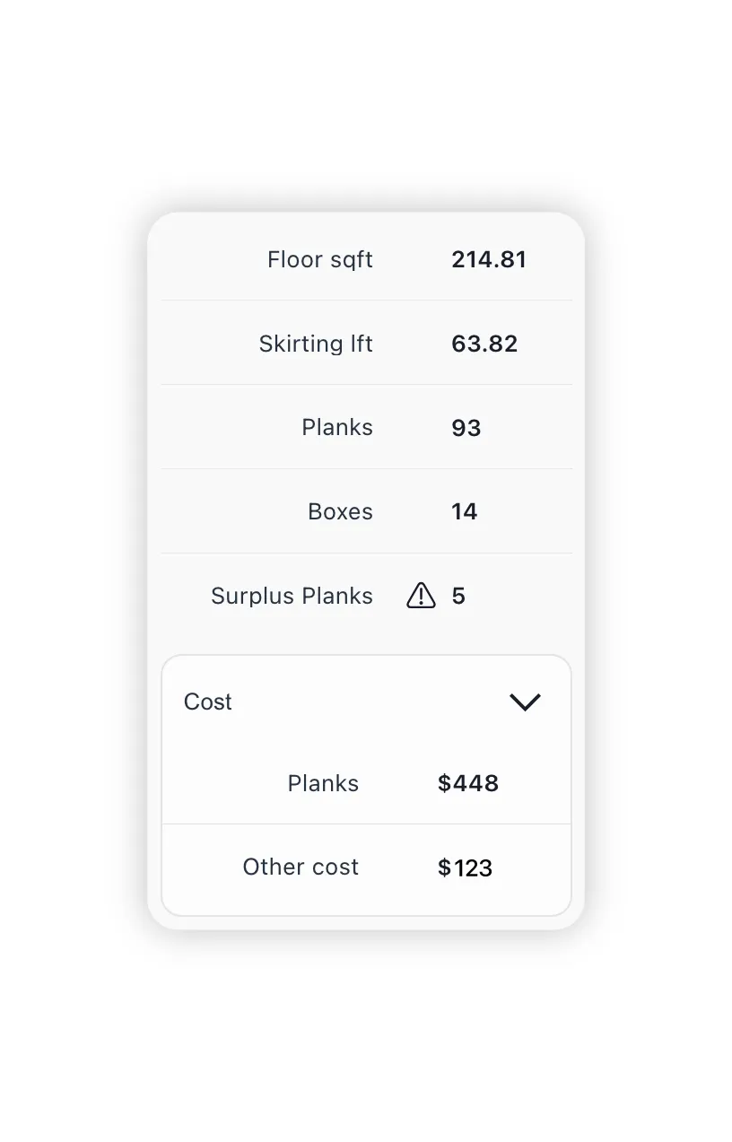 Calcufloor plank layout result panel showing counts, packs, surplus, cost, and underlay.