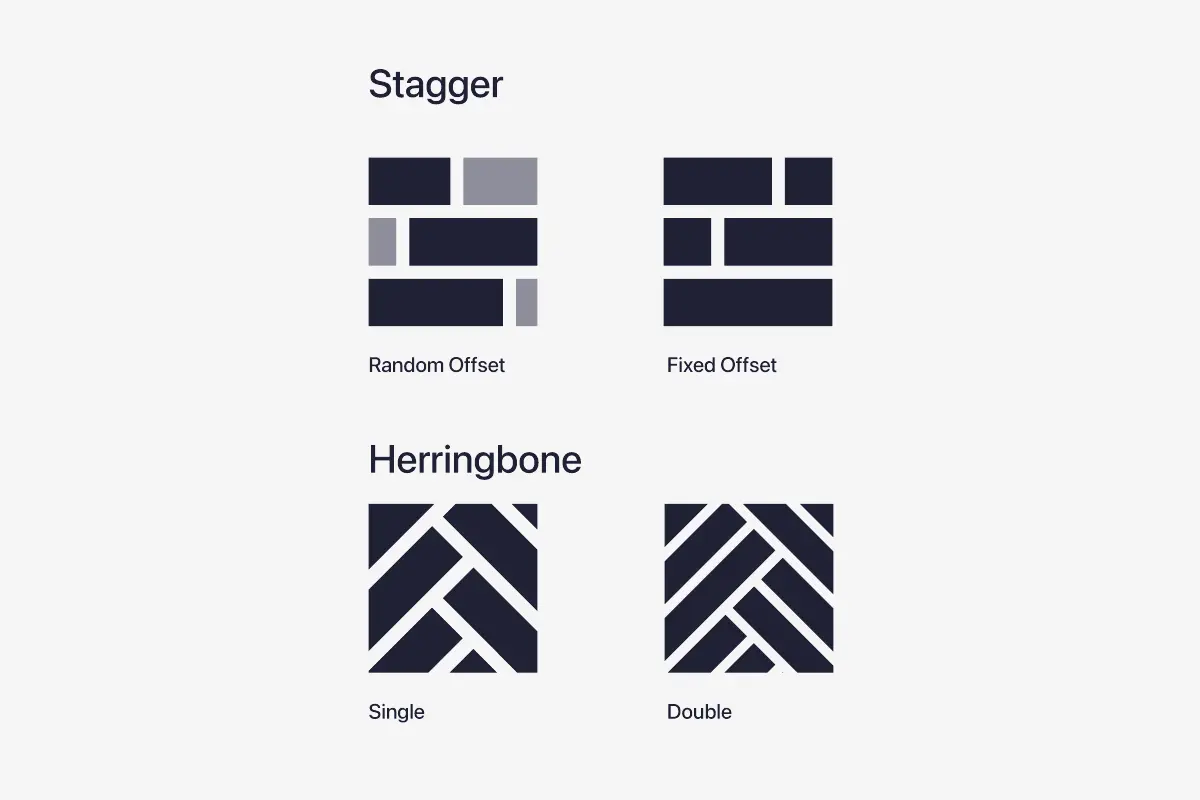 Comparison of staggered plank layouts and herringbone plank layouts.