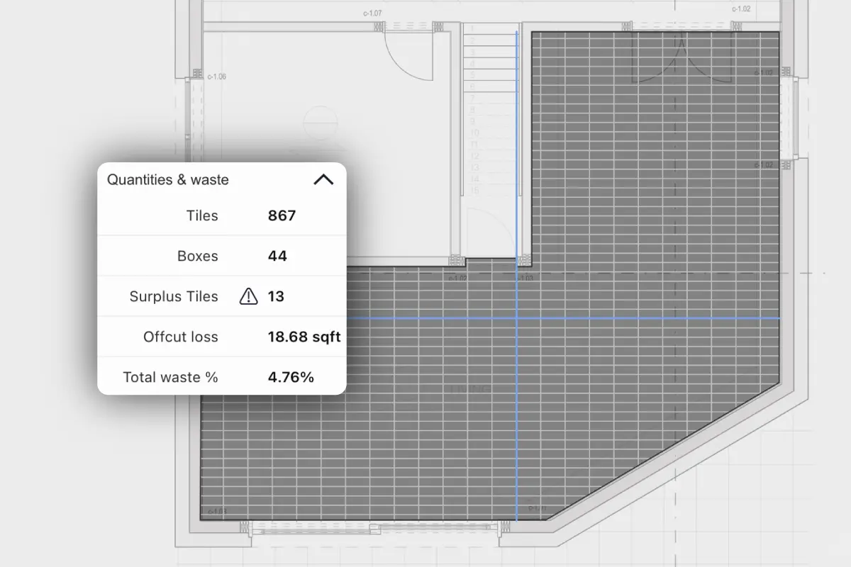 Tile layout showing tile counts, grout spacing and related quantities.